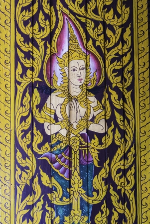 traditional thai fine art painting on stripe wood doorのeditorial素材