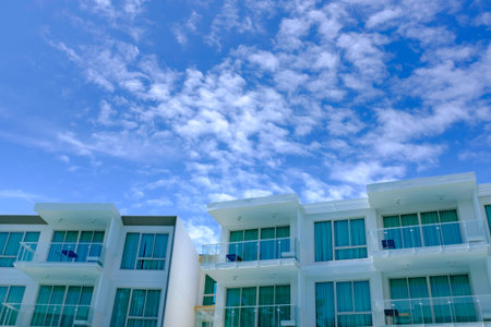 facade of modern low rise architecture in blue sky