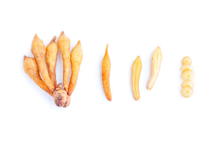 Ginger root isolated on white background with clipping path. Top view.の写真素材