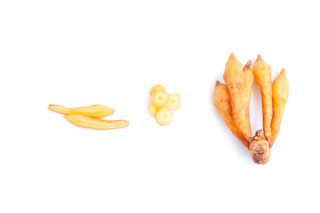 Finger root and ginger slices isolated on white background with clipping pathの写真素材