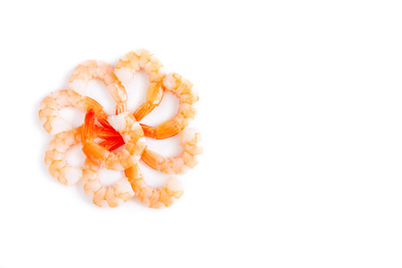 Shrimps isolated on white background. Top view. Flat lay.