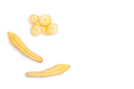 Sliced ginger isolated on white background with copy space for your text.