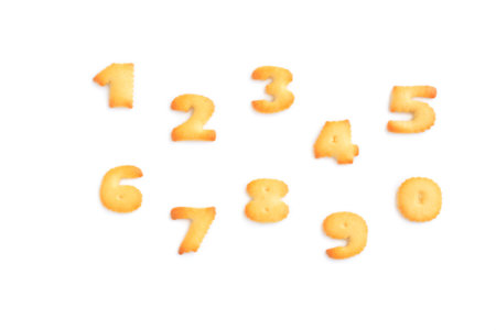 Number of crackers on white background, top view.
