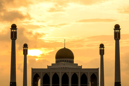 Evening light behind central mosque located in Hadyai, Thailand.の写真素材