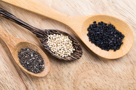 Quinoa, chia and sesame seed, organic food for healthy eating.の写真素材
