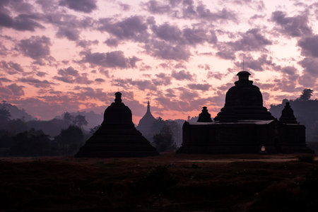 Sunrise behind pagoda in Mrauk-u, Myanmar.の写真素材
