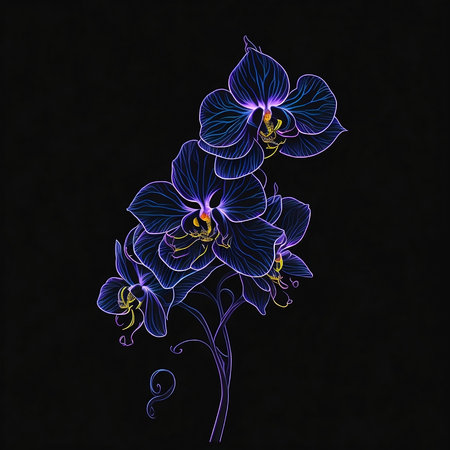 glowing orchid flower line drawing on dark backgroundの素材