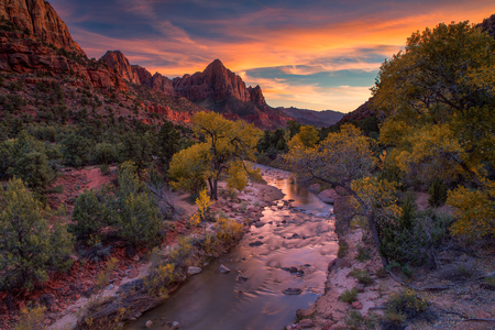 View of the Watchman mountain and the virgin river in Zion National Park located in the Southwestern United States, near Springdale, Utahの写真素材
