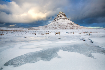 Sunrise on the beautiful Kirkjufell mountain, Snaefellsness peninsula, Icelandの写真素材