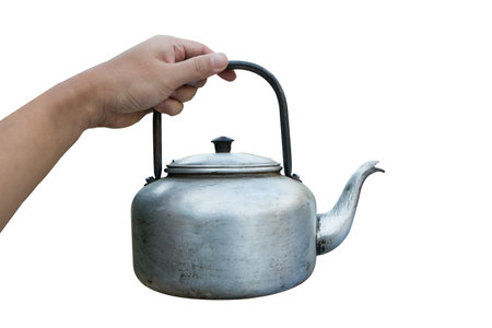hand holding Small classic kettle for camping isolated on white background