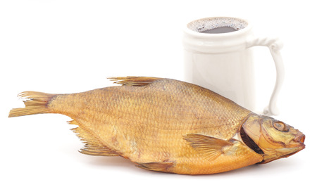 Fish with beer isolated on white background.の写真素材