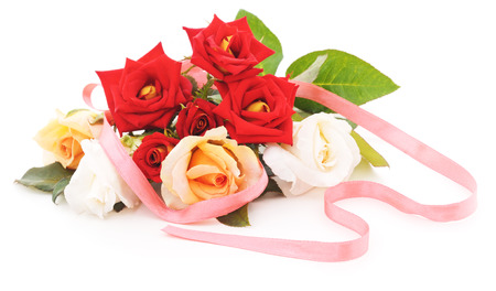 Roses and ribbon isolated on a white background.の写真素材