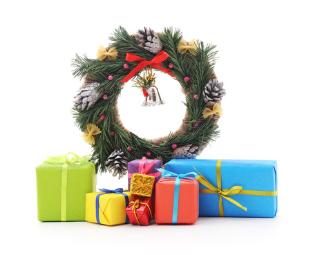 Christmas wreath with gifts isolated on white background.の写真素材