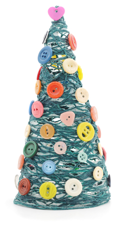 Christmas tree with yarn and buttons isolated on white background.の写真素材