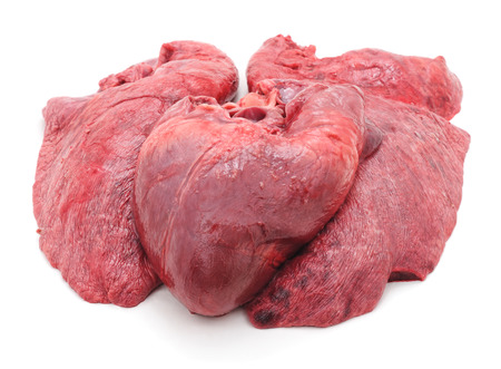 Raw pork heart and lungs isolated on a white background.の写真素材