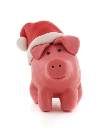 Plasticine pig in a hat isolated on a white background.の写真素材