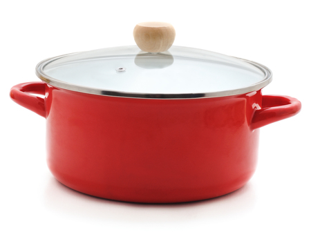 Enamelled red pan isolated on a white background.