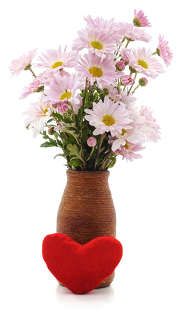 White daisies and red heart isolated on a white background.の写真素材