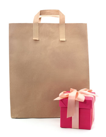 Paper bag and gift isolated on a white background.の写真素材