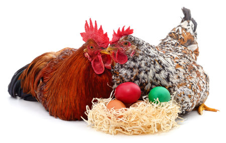 Two chickens with Easter eggs isolated on a white background.の写真素材
