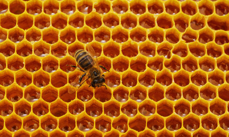 One bee on yellow honeycomb with honey.の写真素材