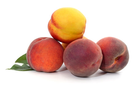 A bunch of peaches and leaves isolated on a white background.の写真素材