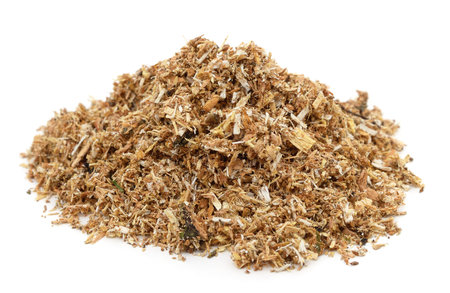 Heap of wood sawdust isolated on a white background.の写真素材
