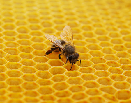 One bee on yellow honeycomb with honey.の写真素材