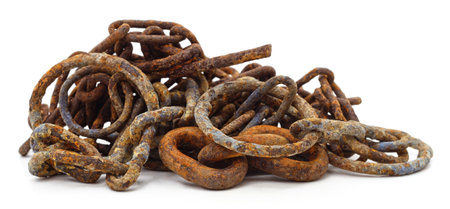 Pile of rusty chains isolated on white background.の写真素材