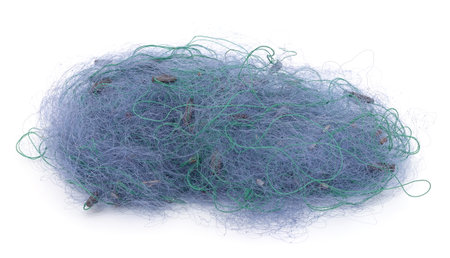 Pile of fishing nets isolated on a white background.の写真素材