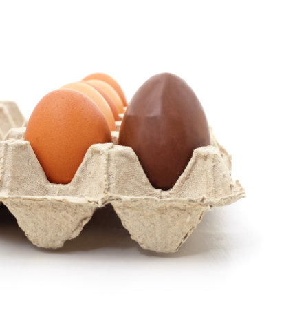 Chicken and chocolate eggs in a tray isolated on a white background.の写真素材