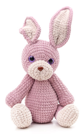 One knitted hare isolated on a white background.の写真素材