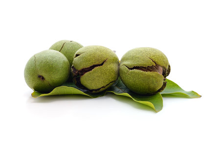 Green nuts with leaves isolated on a white background.の写真素材