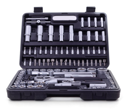 A set of wrenches in a box isolated on a white background.の写真素材