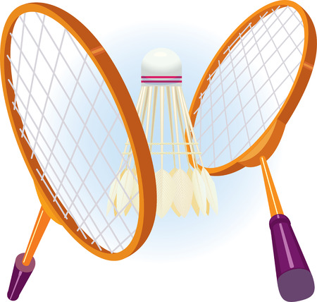 Two rackets for badminton with a shuttlecock in game position. vector. illustrationのイラスト素材