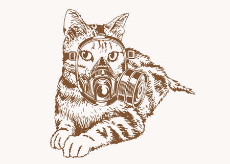 Graphical cat in mask, sepia background, vector vintage illustration, virus protectionのイラスト素材