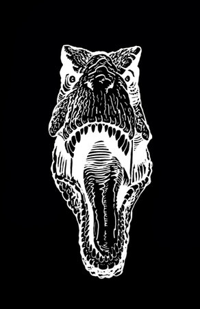 Graphical skull of tyrenosaurus isolated on black background, vector engraved illustration. Paleontologyのイラスト素材