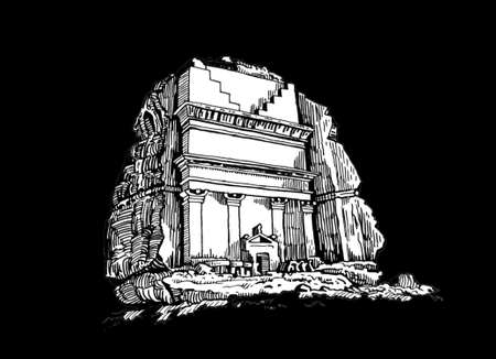 Graphical dolmen isolated on black background,vector engraved 3D illustration, architecture of Jordanのイラスト素材