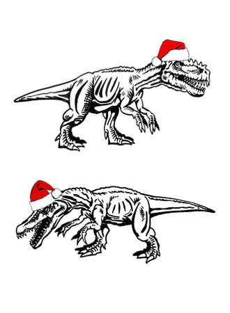 Vector dinosaurs in red Santa Claus hats on white background,Christmas elements for design and decorationのイラスト素材