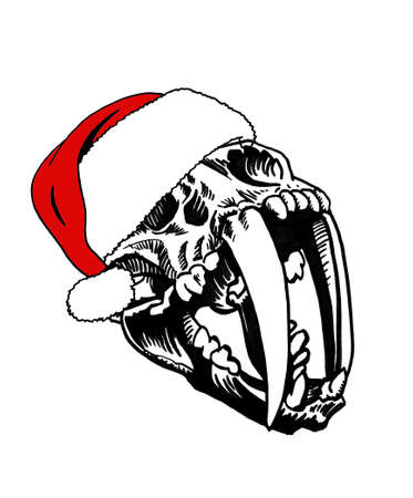 Graphical skull of saber-toothed tiger in Santa Claus hat isolated on white , paleontology of ice age new year elementのイラスト素材