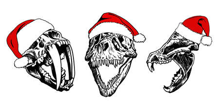 Graphical set of skulls of Smilodon,bear and tyrannosaurus in red hat of Santa Clausのイラスト素材