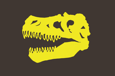 Graphical yellow silhouette of skull of dinosaur raptor on brown background, vector color illustrationのイラスト素材