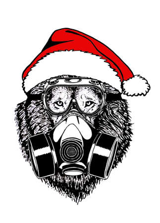 Graphical portrait of lion in gas mask and Santa Claus hat, pandemic new year ,virus protection elementのイラスト素材