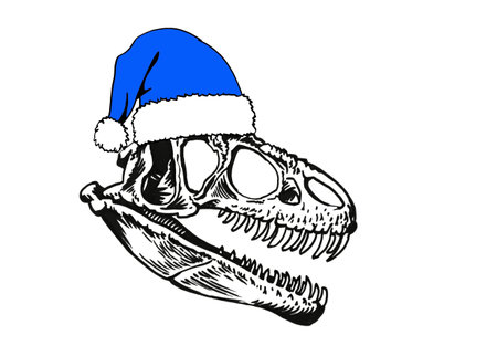 Graphical skull of tyrannosaurus in Santa Claus hat, Crhistmas element, dinosaur isolated on white. Vector illustrationのイラスト素材