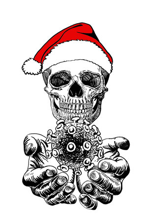 Graphical human skull in Santa Claus hat holding virus,  virus , pandemic iconのイラスト素材