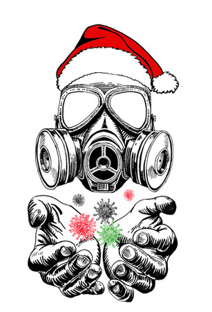 Graphical human skull in gas mask and red hat holding virus, coronavirus. Vector illustrationのイラスト素材