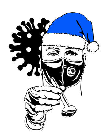 Male person in Santa Claus hat and protective mask, covid 19, delta virus protection, vector illustrationのイラスト素材