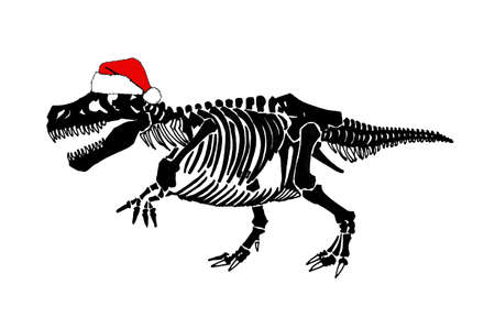 Graphical skeleton of raptor running in Santa Claus red hat isolated on white, silhouette of dinosaur,のイラスト素材
