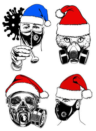 Graphical set of elements in Santa Claus hats and protective masks, covid 19, delta virus protection,のイラスト素材