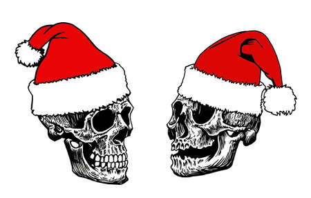 Graphical set of Mayan skulls in Santa Claus red hat , long skull of ancient tribe, vector christmas illustration.のイラスト素材